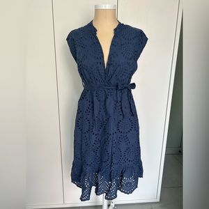 Eyelet navy blue summer dress with waist tie